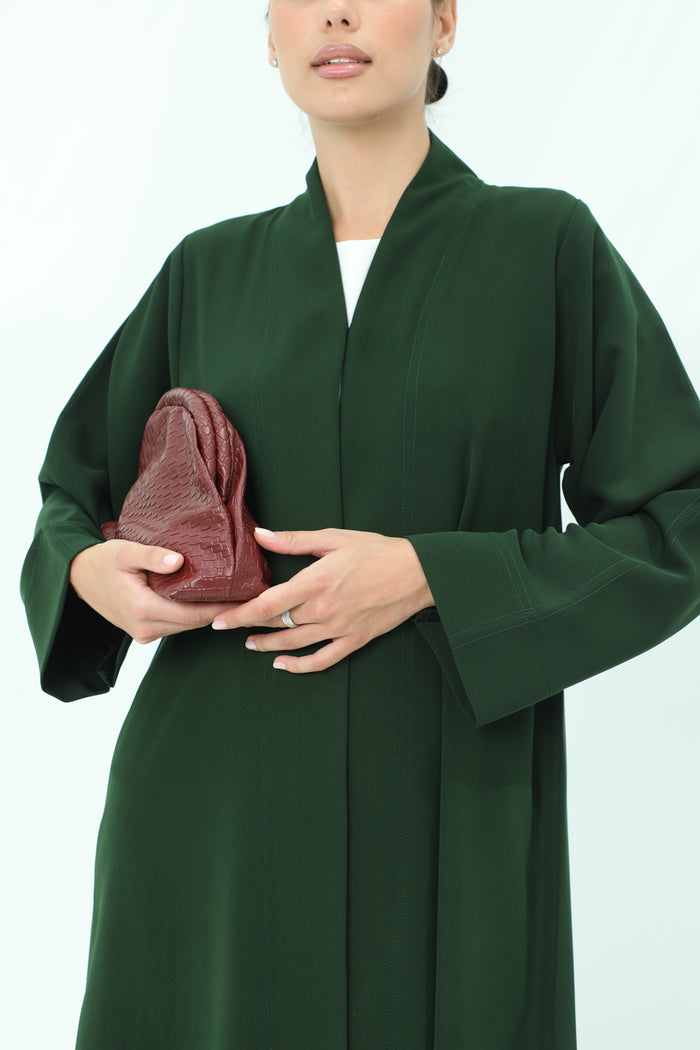 Chic Green Abaya with Exposed Stitch Detailing
