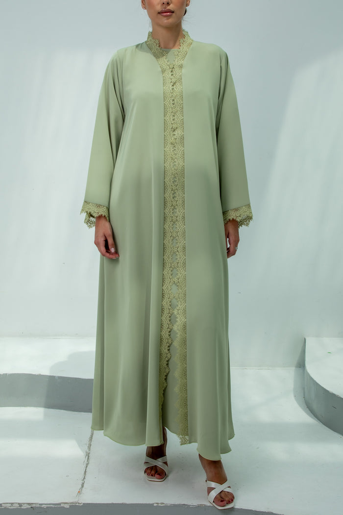 Elegant Mint Green Lace Abaya