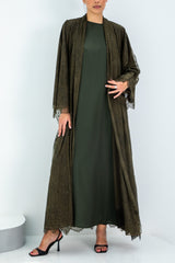 Olive French Lace Abaya Layered with Soft Chiffon Inner layer ; Matching Headscarf