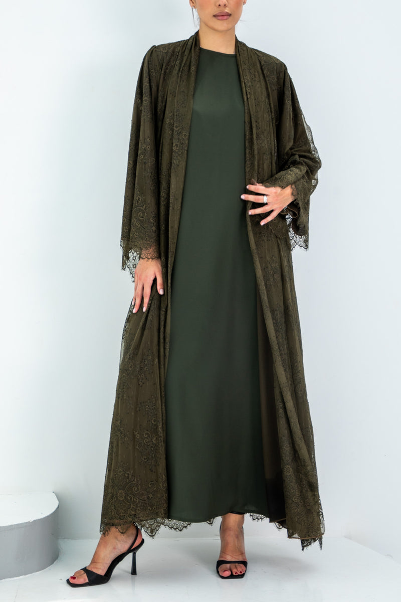 M14 Olive French Lace Abaya