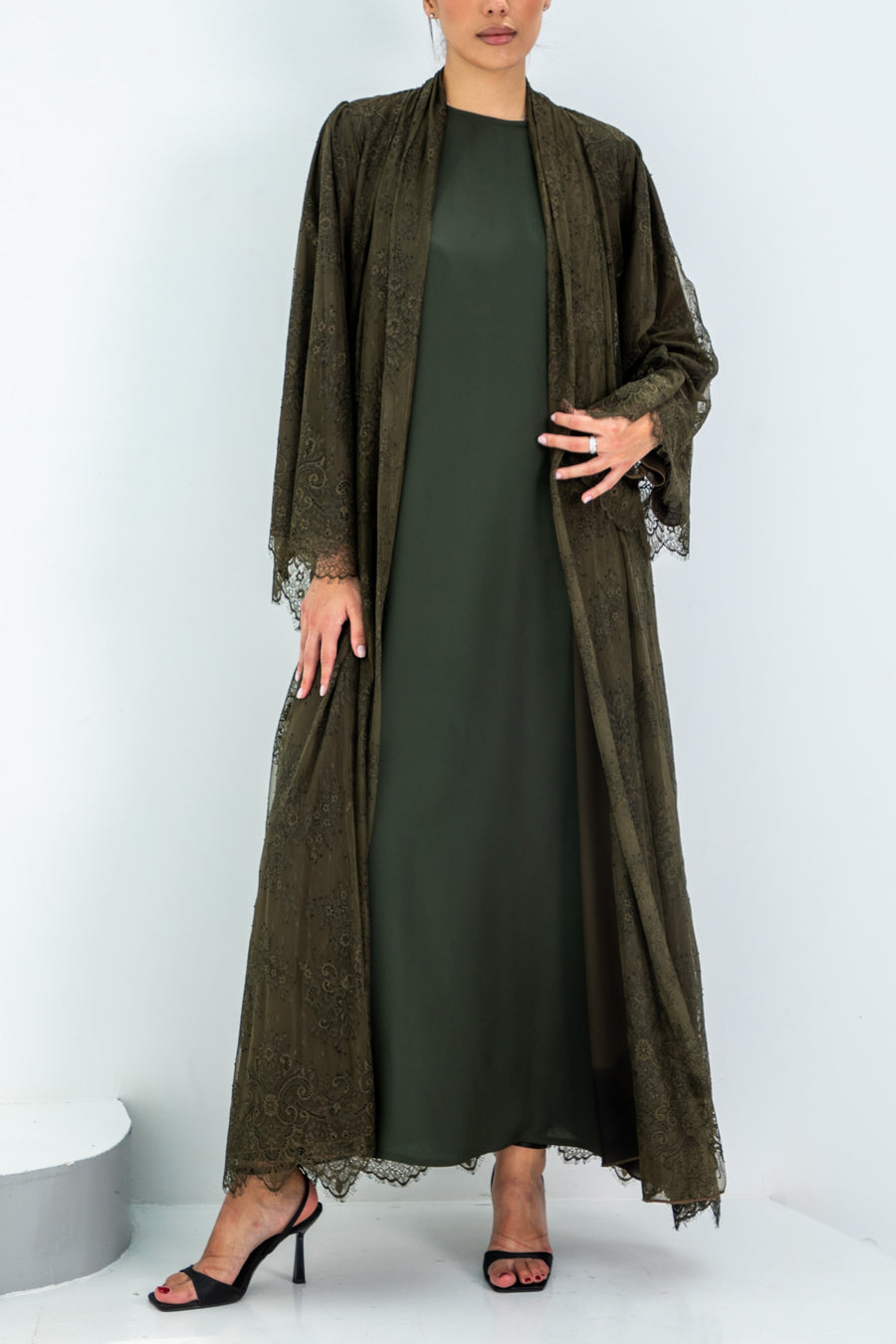Olive French Lace Abaya Layered with Soft Chiffon Inner layer ; Matching Headscarf