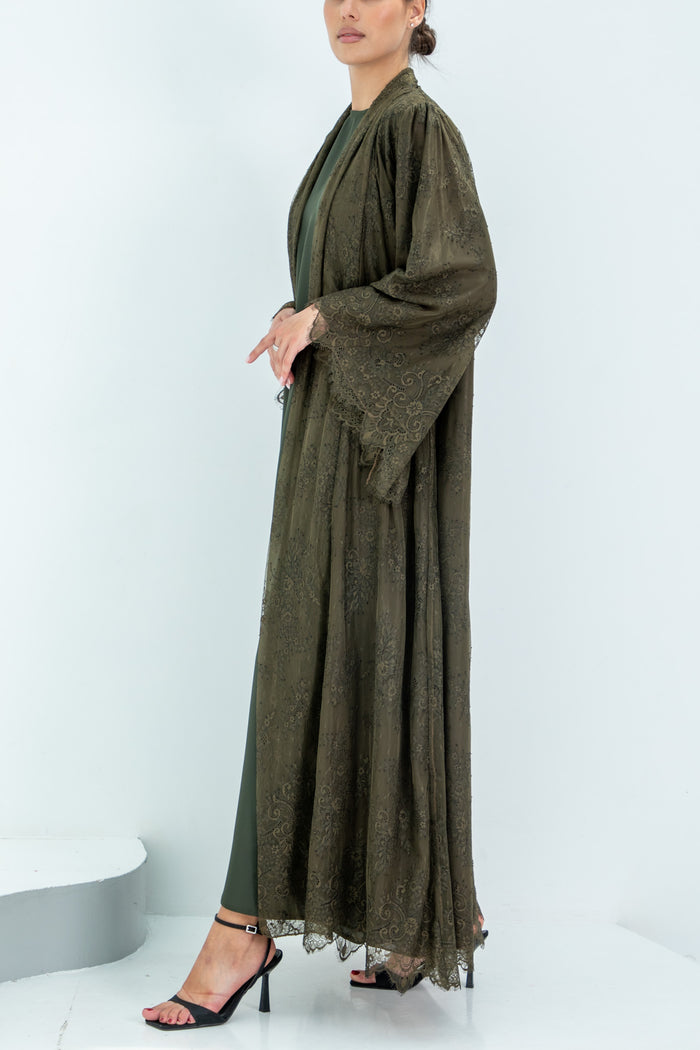 Olive French Lace Abaya Layered with Soft Chiffon Inner layer ; Matching Headscarf