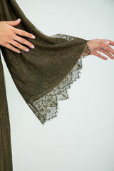 Olive French Lace Abaya Layered with Soft Chiffon Inner layer ; Matching Headscarf