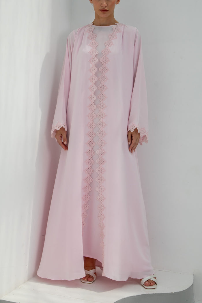 Elegant Soft Pink Lace Abaya